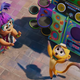 Gabi (Ynairaly Simo) and Vivo (Lin Manuel Miranda) dance and sing in front of a colorful speaker setup.